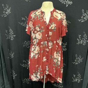 Torrid Rust Red Floral Chiffon Babydoll Tunic Top Button Front High Low Size 1